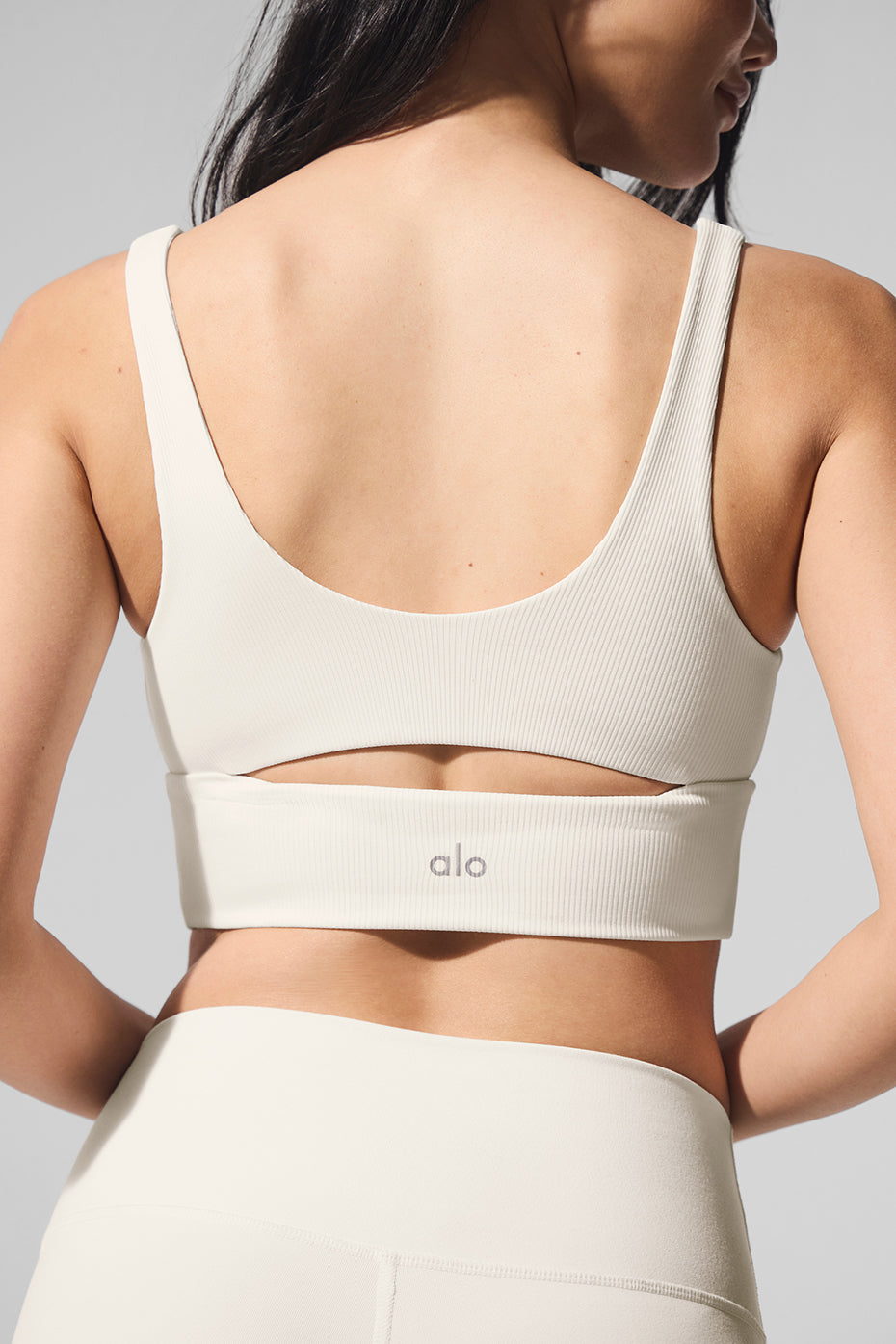 Front view of slit bra in ivory worn during studio yoga in LA
