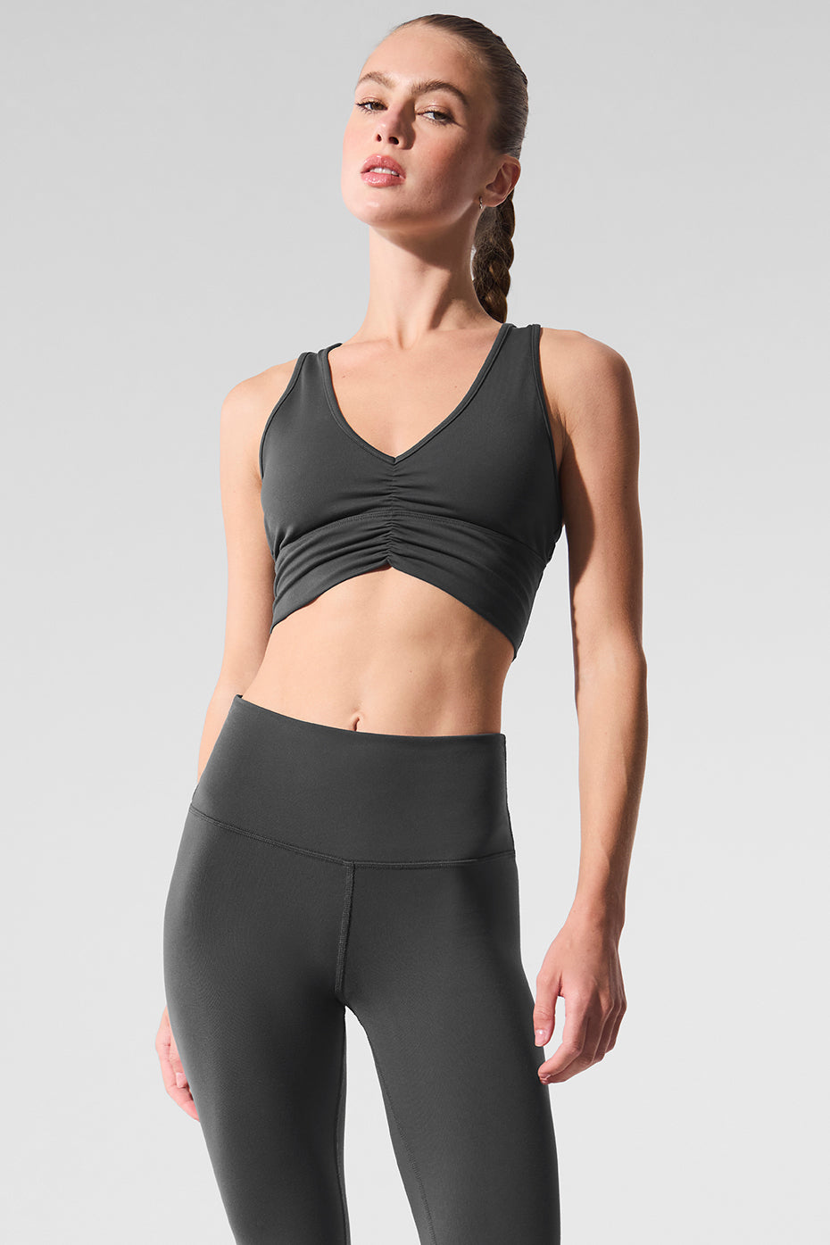 Wild Thing Yoga Bra front view, showcasing ruching design