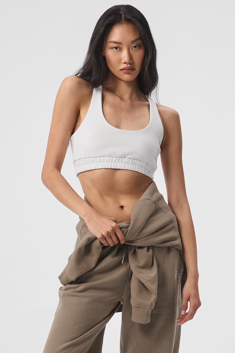 Close-up of the scoop neck sweatshirt bra made from soft French terry fabric