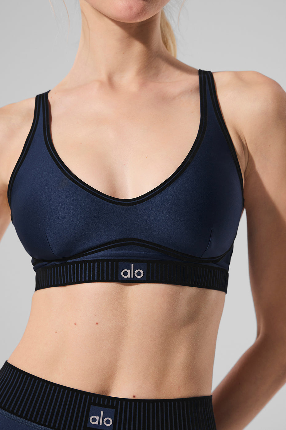 Navy Airlift Yoga Bra with adjustable straps for perfect fit.