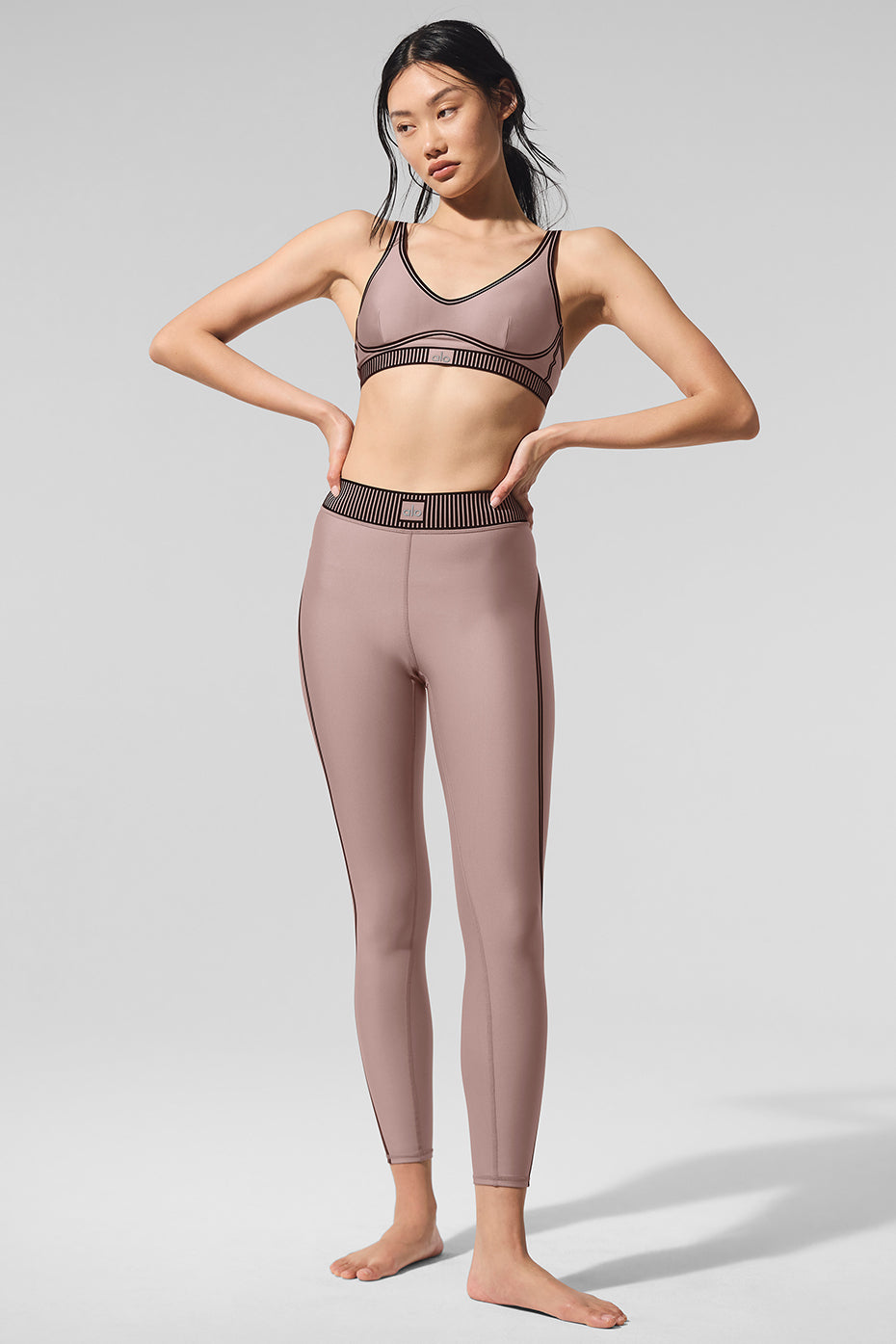 Taupe sports bra paired with matching leggings