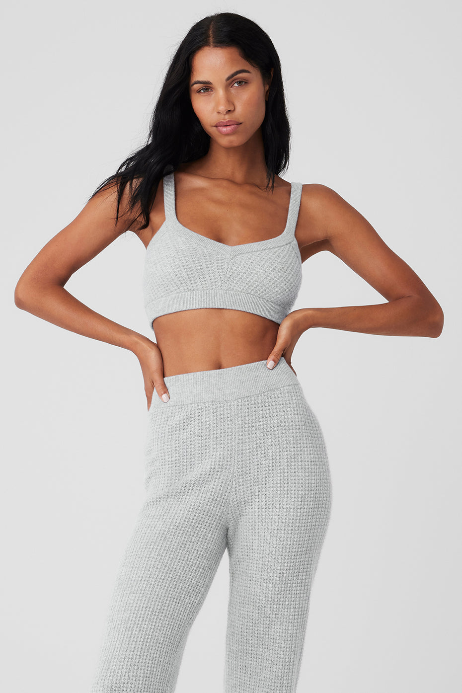 Front view of luxury cashmere V neck bra in athletic heather grey