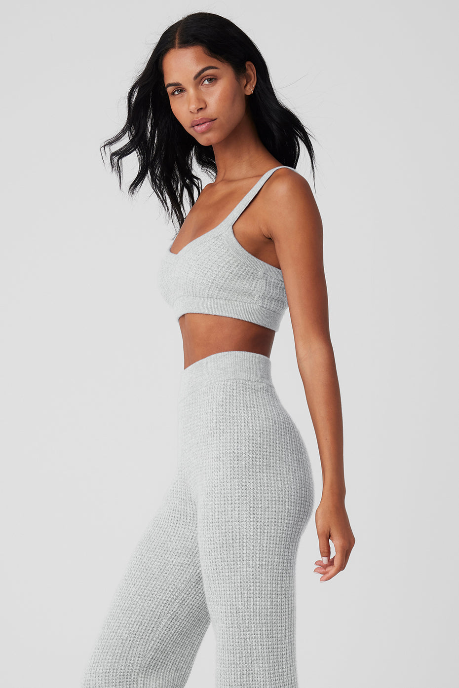 Front view of luxury cashmere V neck bra in athletic heather grey