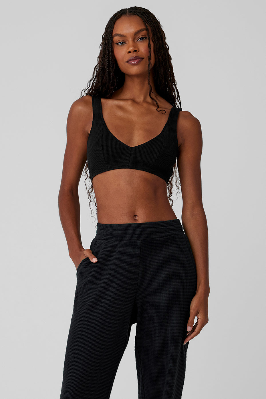 Front view of the cozy waffle lounge bra in black, showcasing its deep-V neckline.
