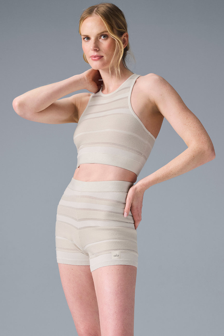 Activewear outfit featuring the knit bra with matching workout shorts