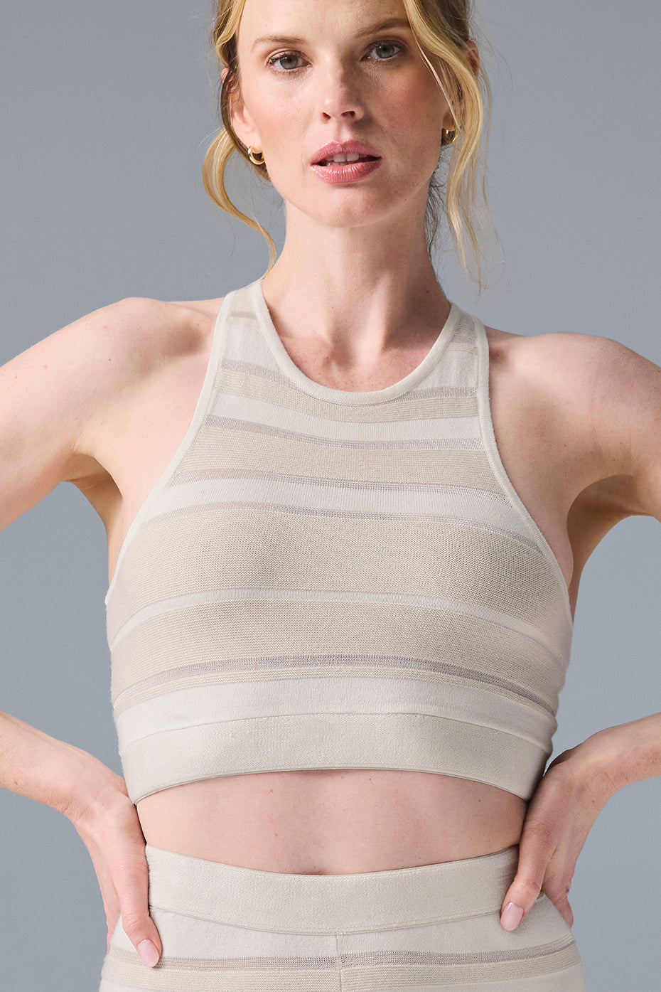 Close-up of Sport Play Knit Bra fabric details and high neck design