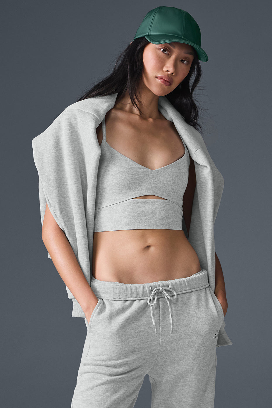 Close-up of Alosoft Highlight Bra’s zip-front design and keyhole detail