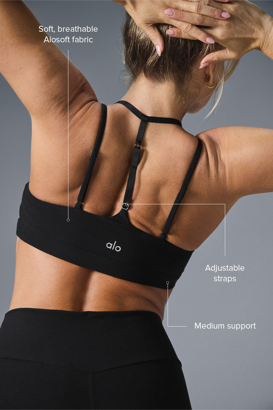 Side view of the Alosoft Dual Strap Bra, demonstrating its adjustable straps.