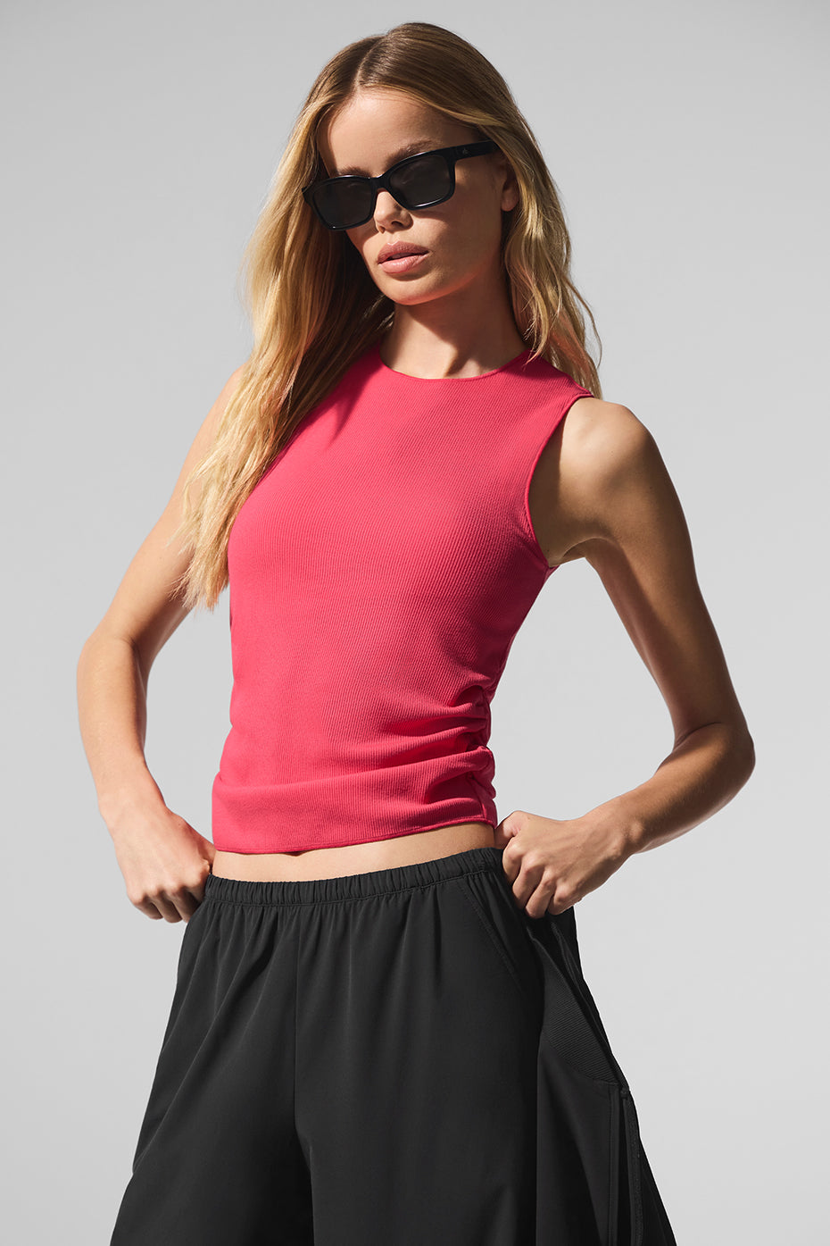 Front view of the ribbed crop top in Candy Red, showcasing its texture.