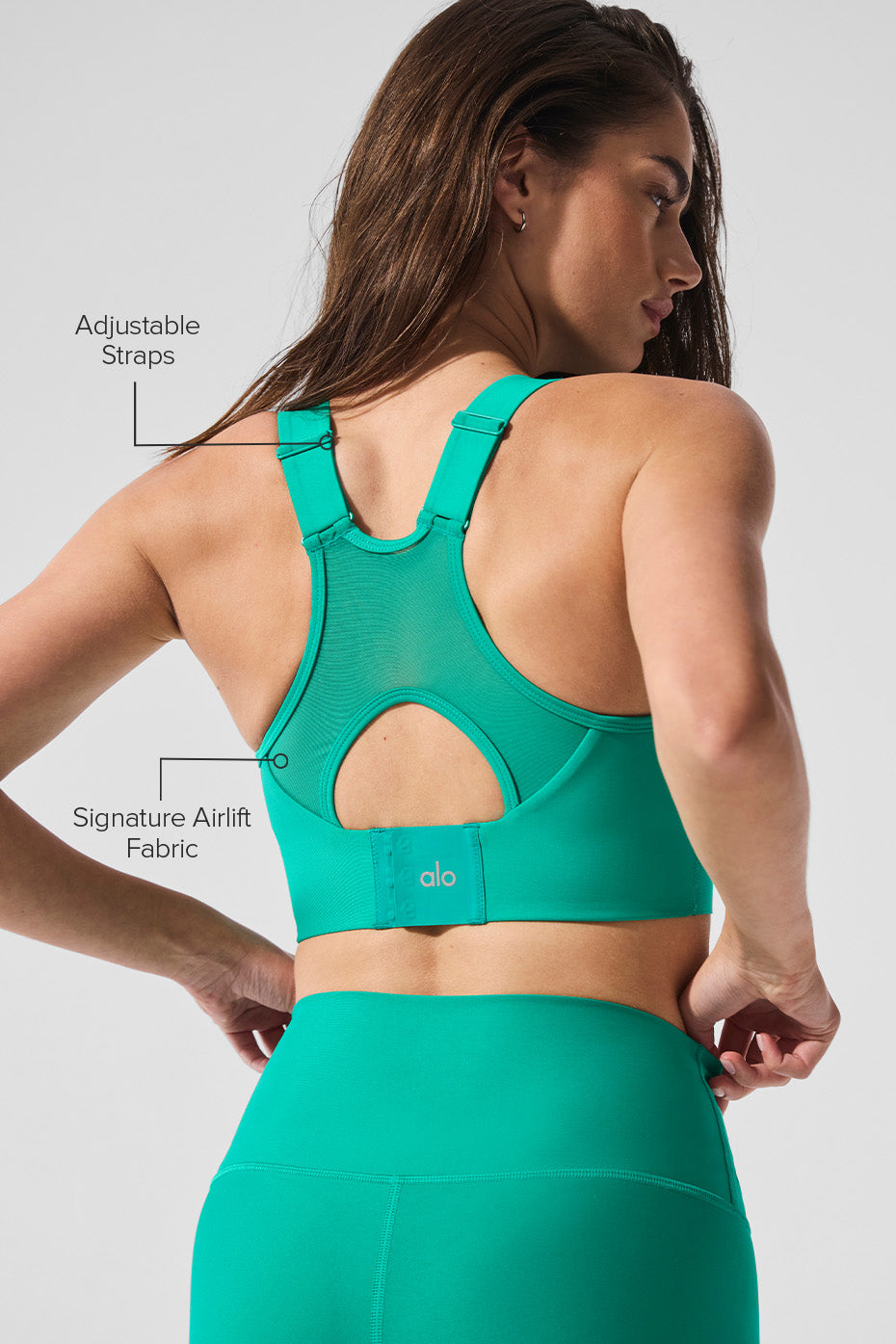 Front view of the high-impact sports bra highlighting its compression fit and breathable fabric