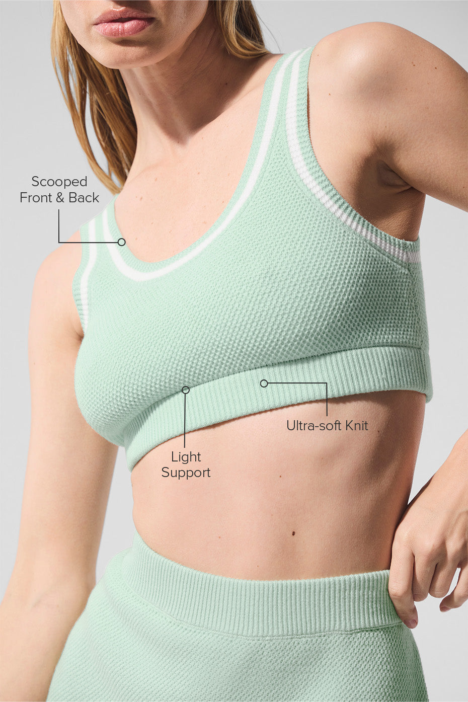 Close-up of the contrasting trim detail on the cotton knit bra.