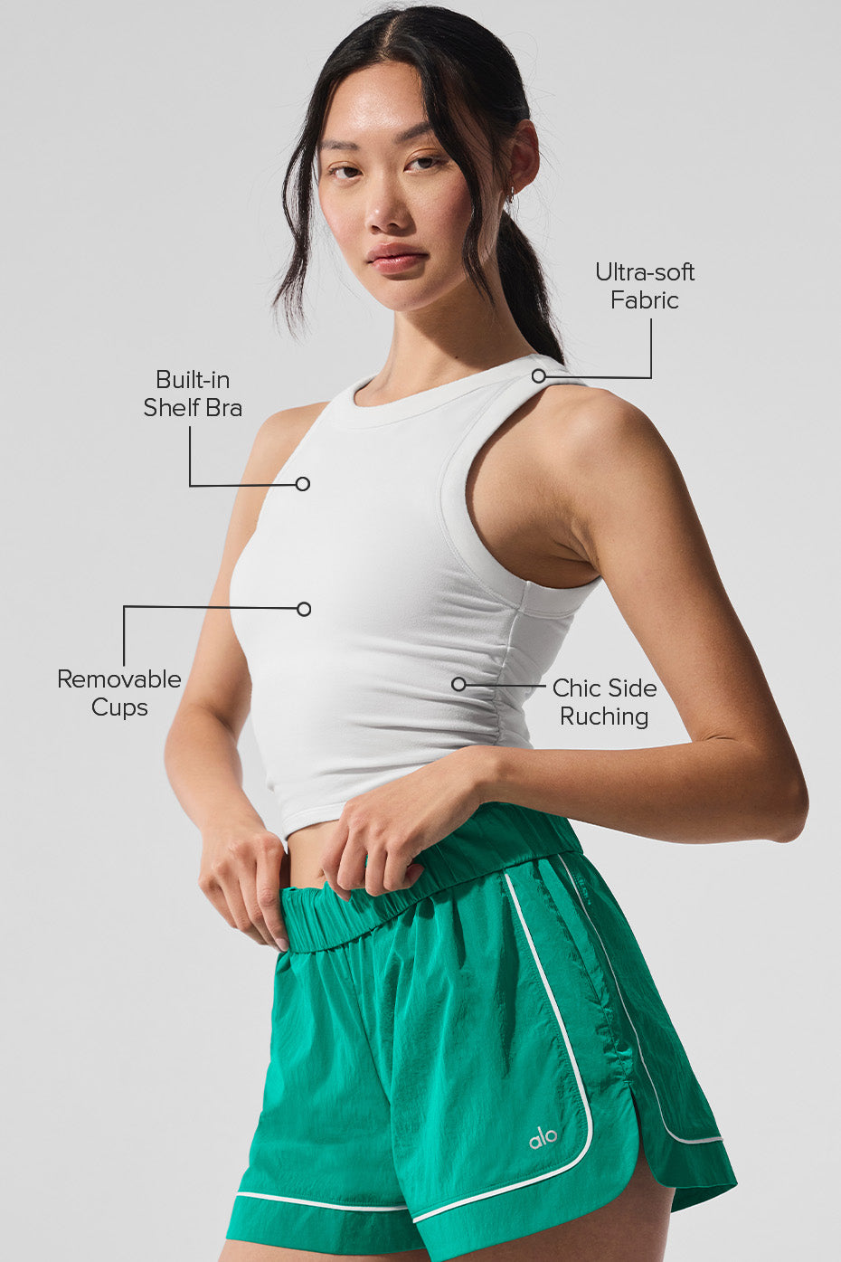 Side view of the Sway Active Bra Tank, highlighting the chic ruching detail.