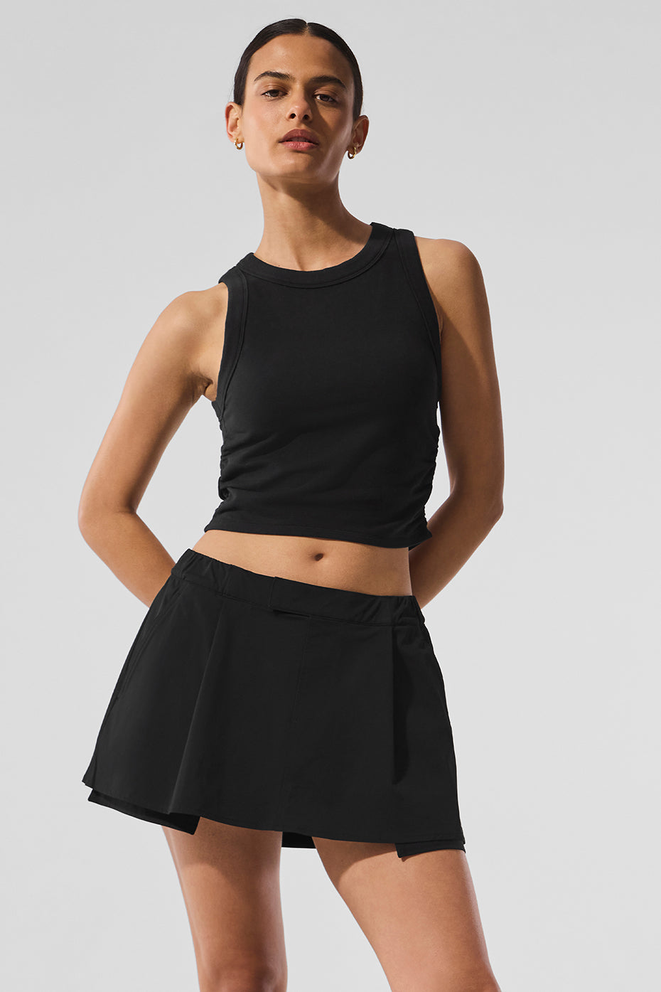 Front view of black Sway Bra Tank with built-in shelf bra