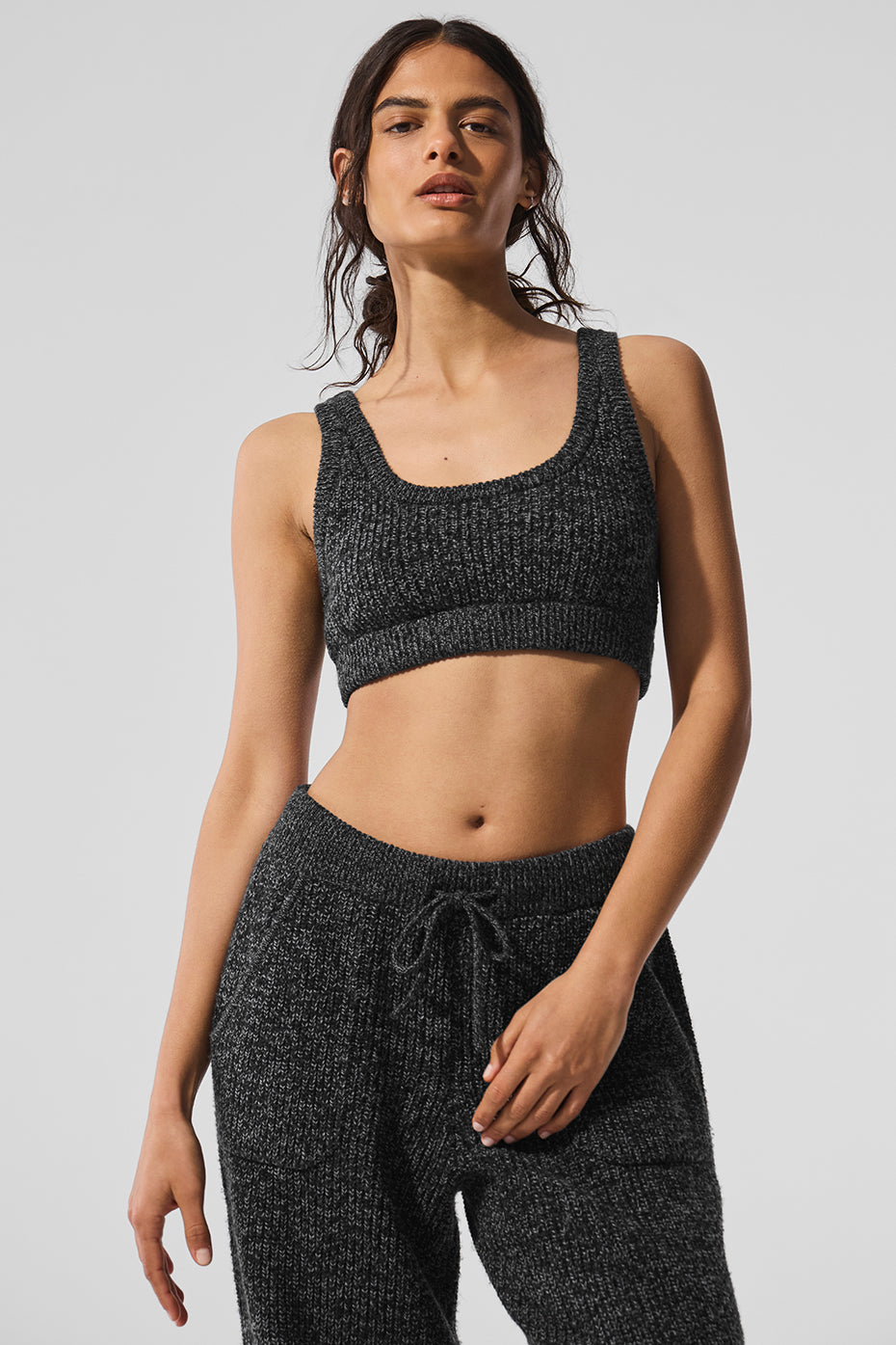 Black Marl Sweater Bra laid flat, showcasing ribbed knit detail