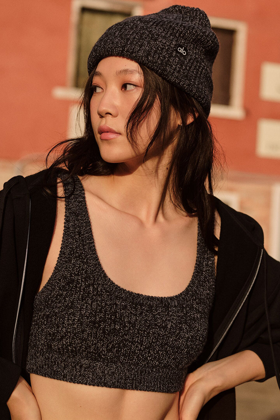 Black Marl Sweater Bra laid flat, showcasing ribbed knit detail