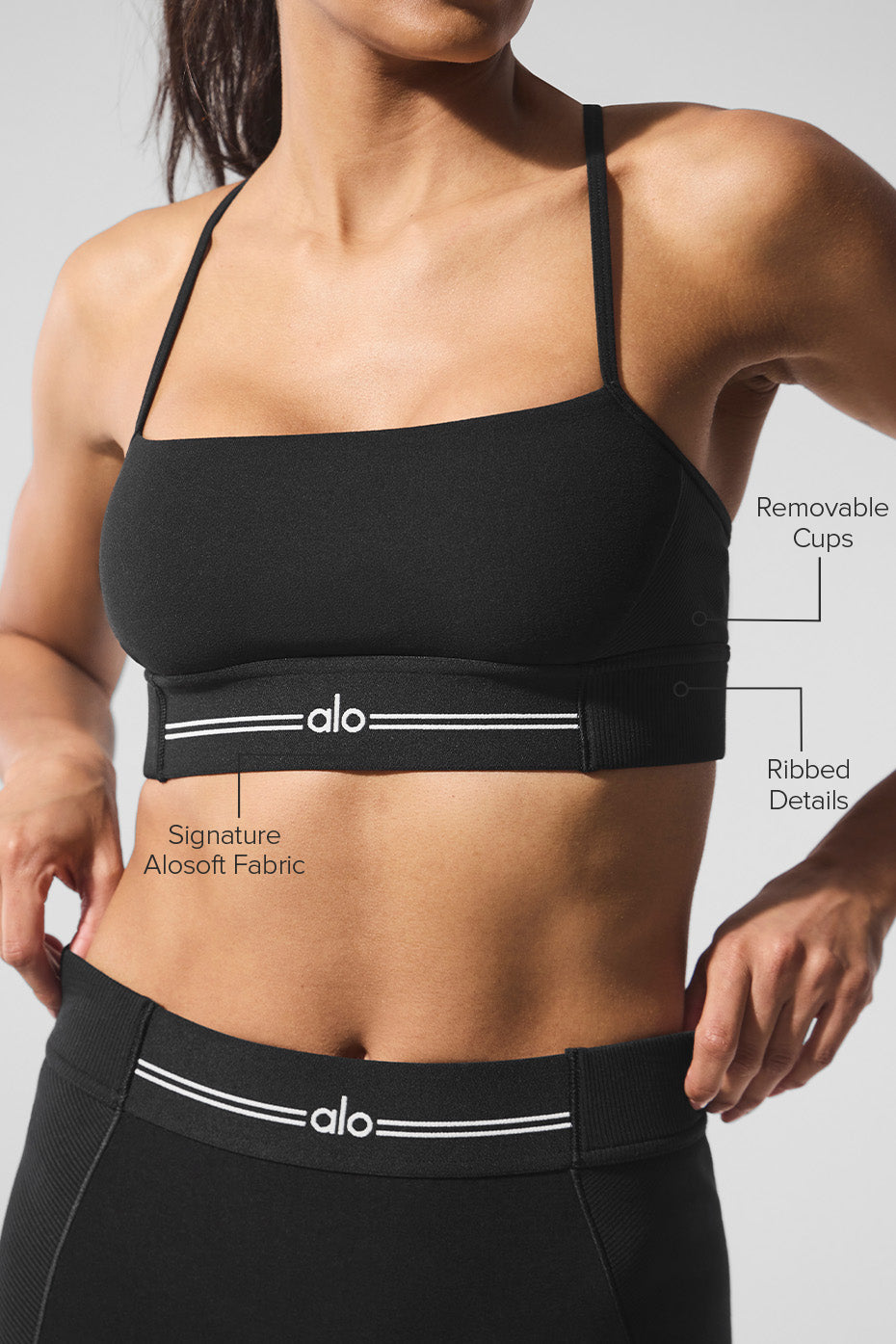 Model demonstrating the butter soft sports bra during a workout, emphasizing its flexibility.