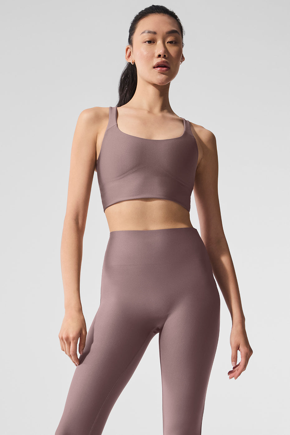 Front view of Airlift Performance Racerback Tank in Mushroom, ideal for yoga.