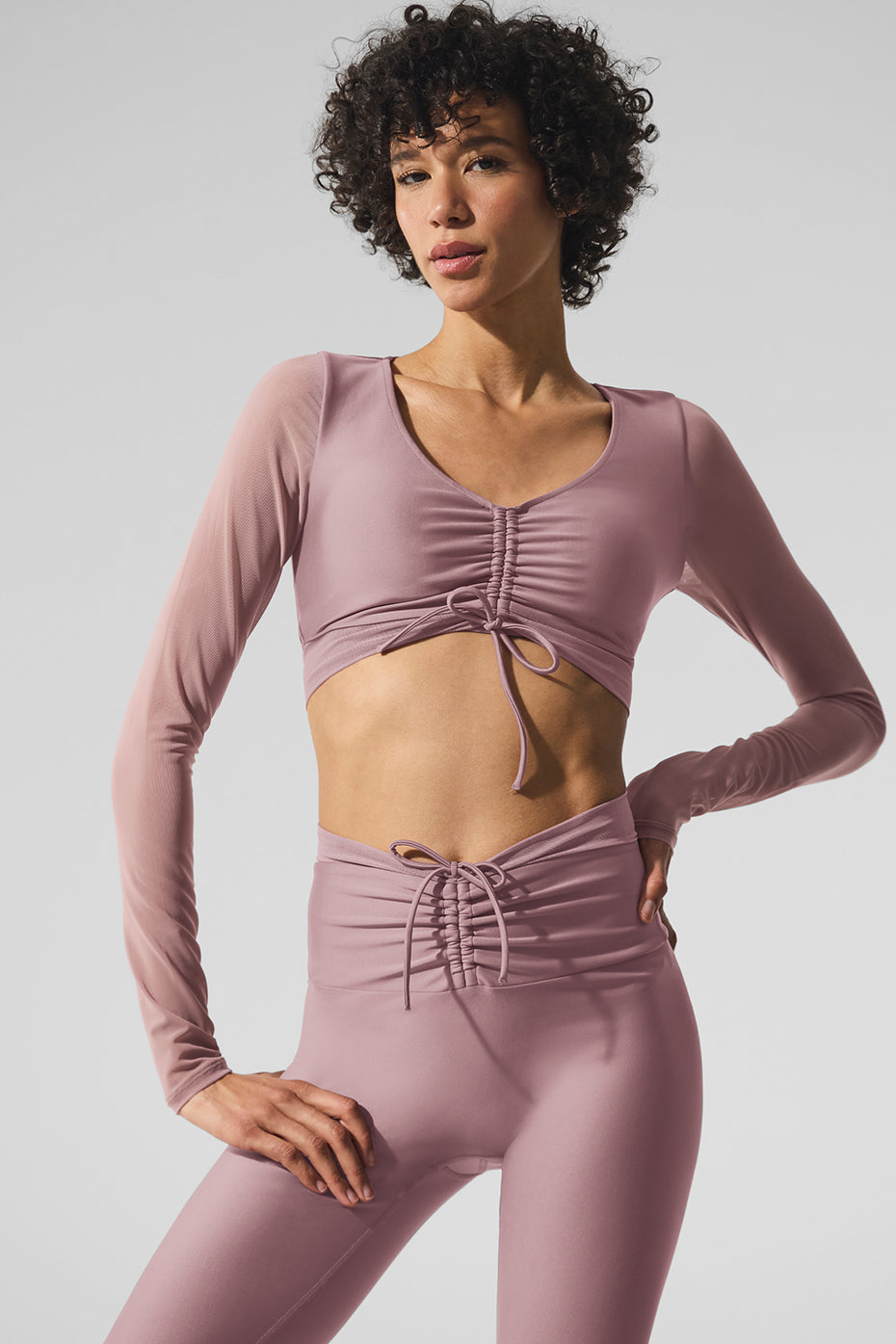 Close-up of smoky quartz mesh sports bra showing mesh detailing