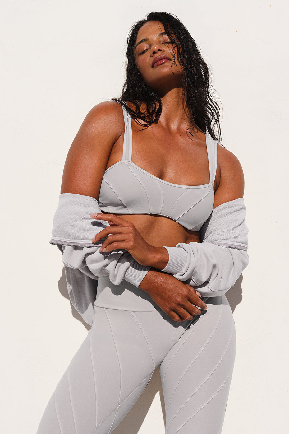Front view of the washed Alosoft Sunray Bra with contrast seams and scooped neckline
