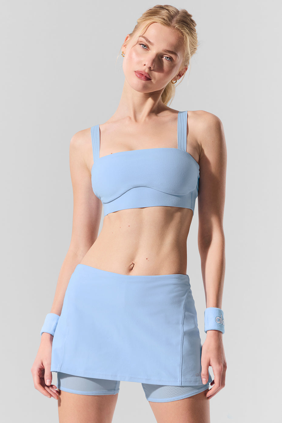 Front view of Seashell Blue Alosoft Performance Bra showcasing its square neckline.
