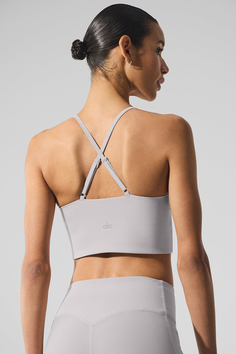 Front view of grey washed yoga bra showing seamless comfort fit