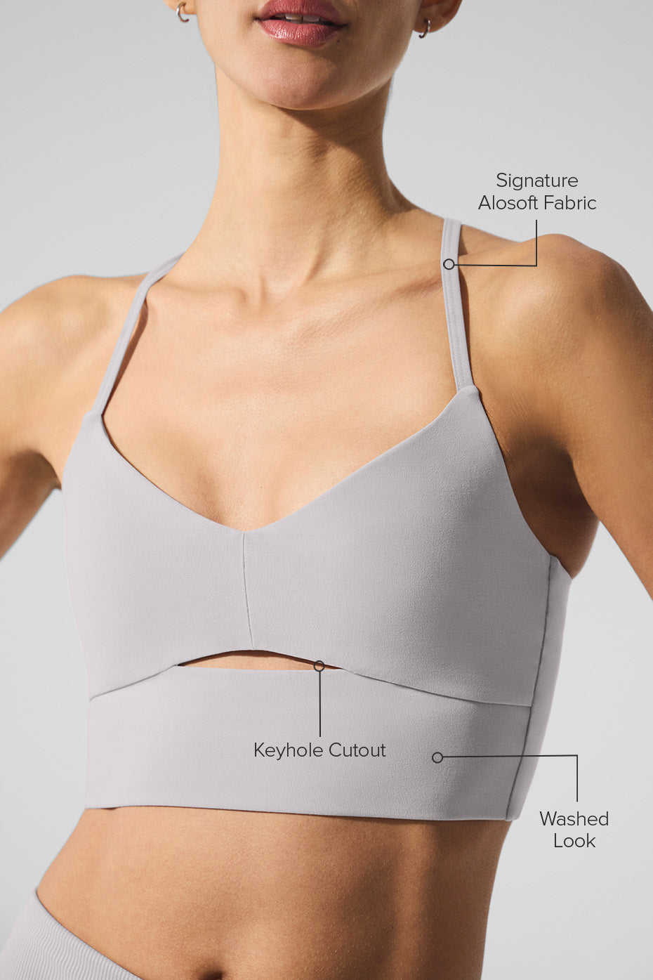 Side angle of wireless sports bra highlighting soft fabric and support