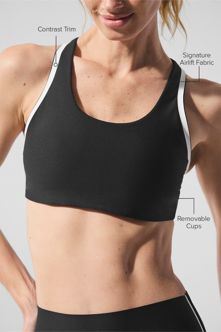 Close-up of contrast trim and fabric detail on sports bra