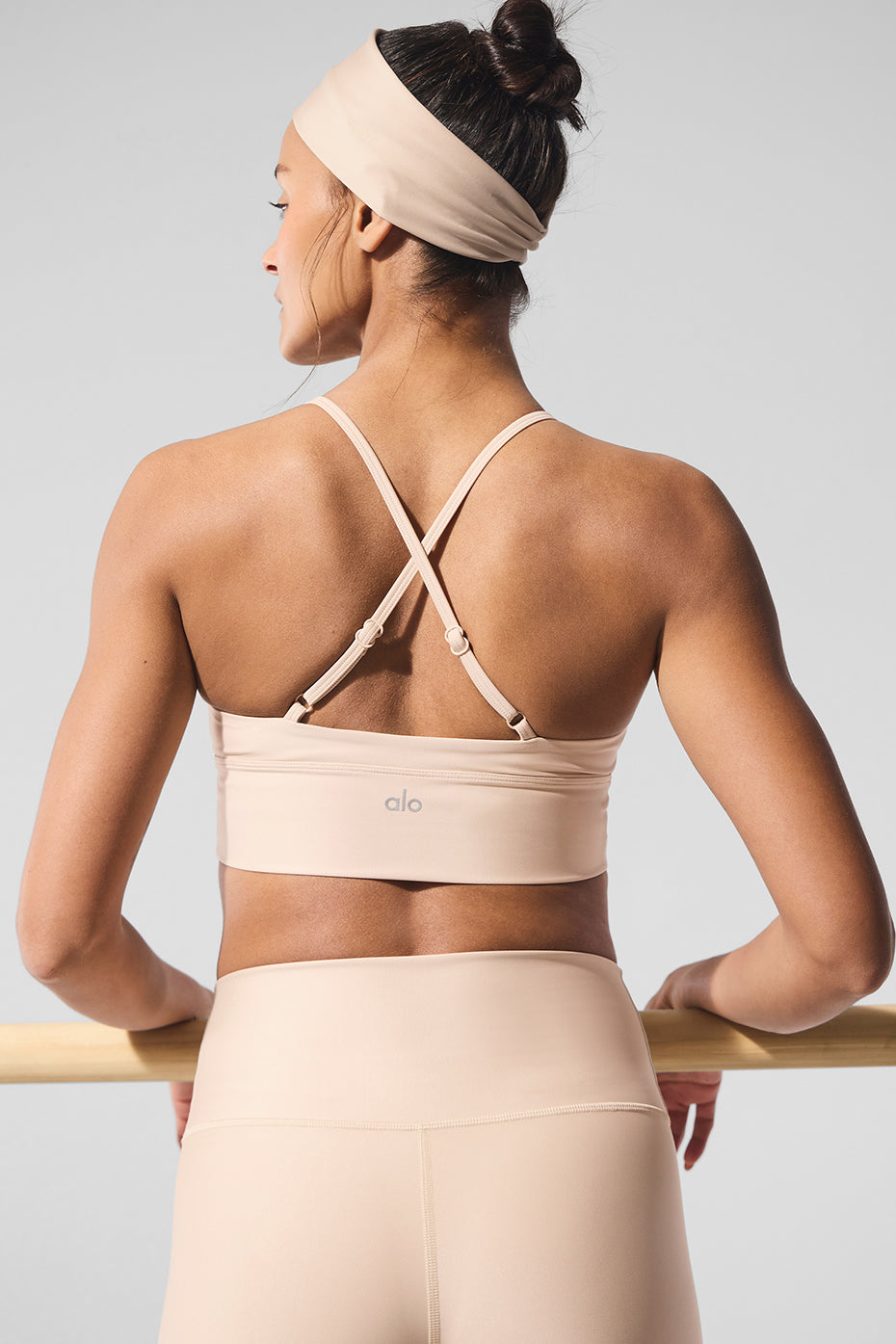 Front view of the Macadamia-colored Airlift Divine bra with ruching detail