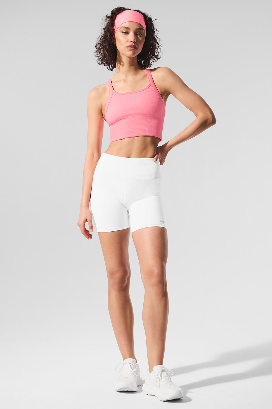 Flat lay of comfortable sports bra and matching seamless bottoms styled for weekend wear