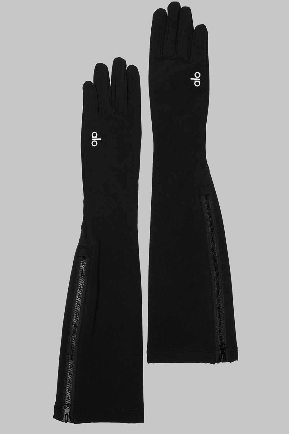 Close-up of black leather gloves highlighting the sleek design.