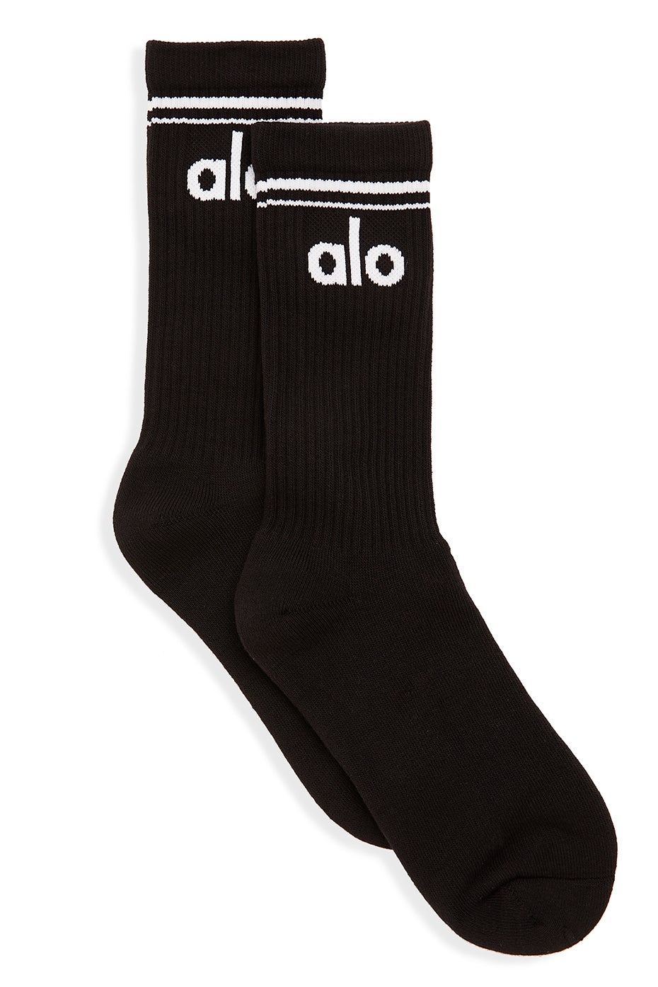 Close-up of classic black and white throwback socks with stripe detail, showing soft cushioning