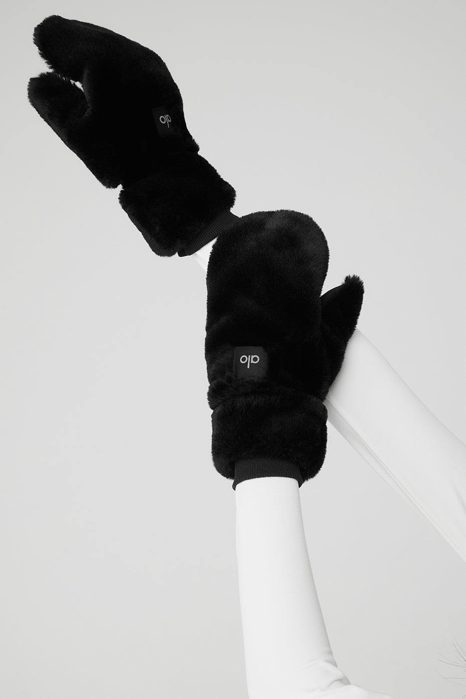 Black faux fur mittens for women with water-resistant exterior
