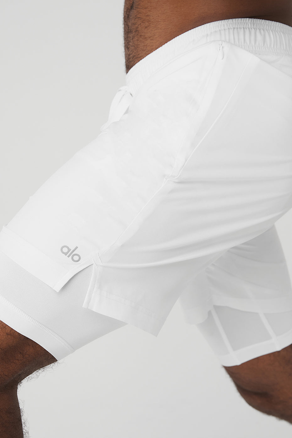 Front view of Unity 2-in-1 workout shorts showcasing the dipped drawcord.
