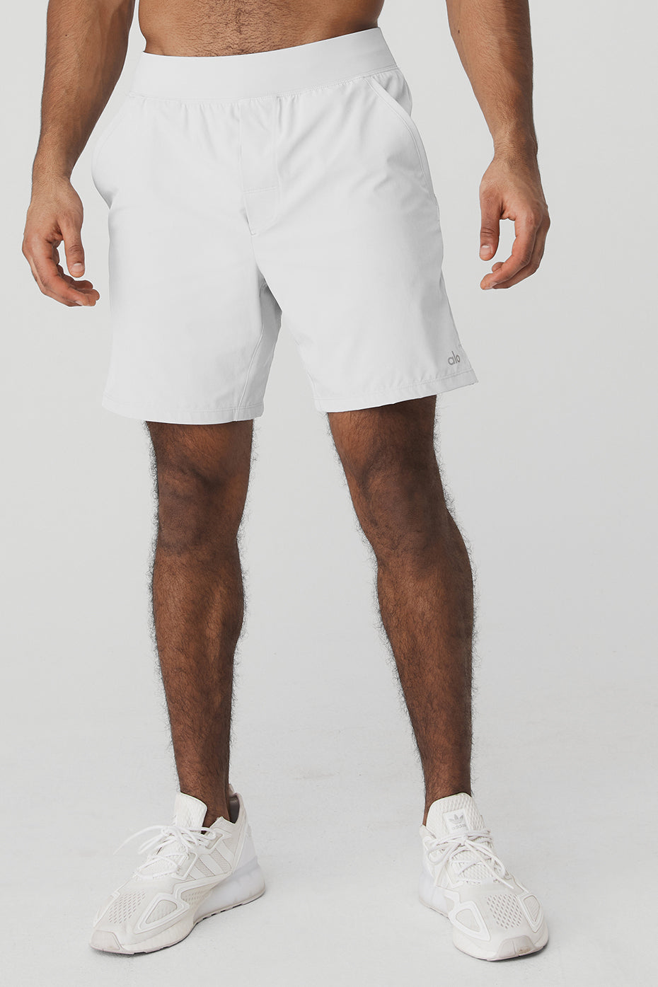 Front view of men's shorts camouflage style featuring titanium fabric and elastic waistband
