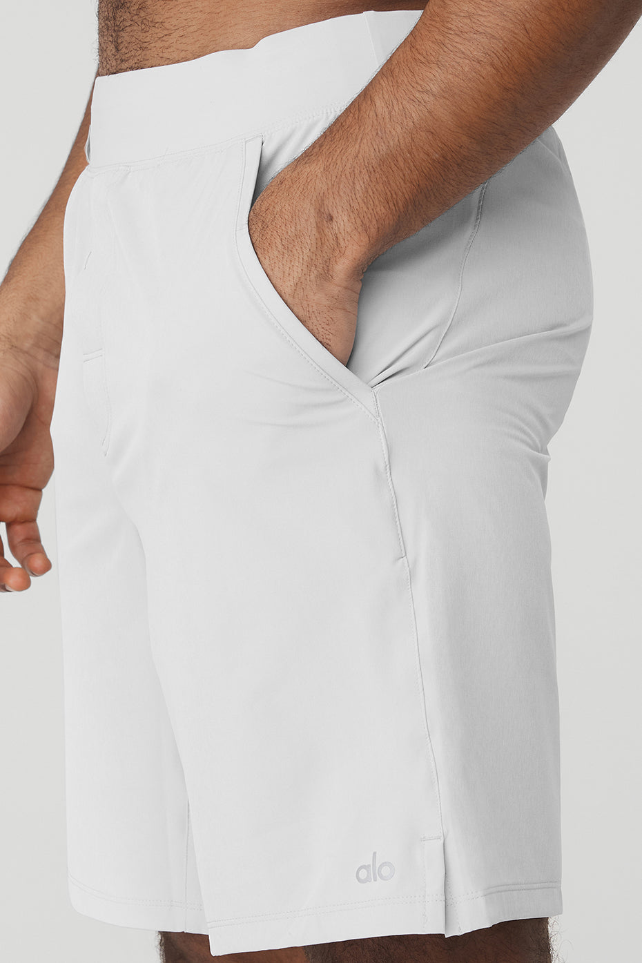 Front view of moisture-wicking shorts styled for athletic fit