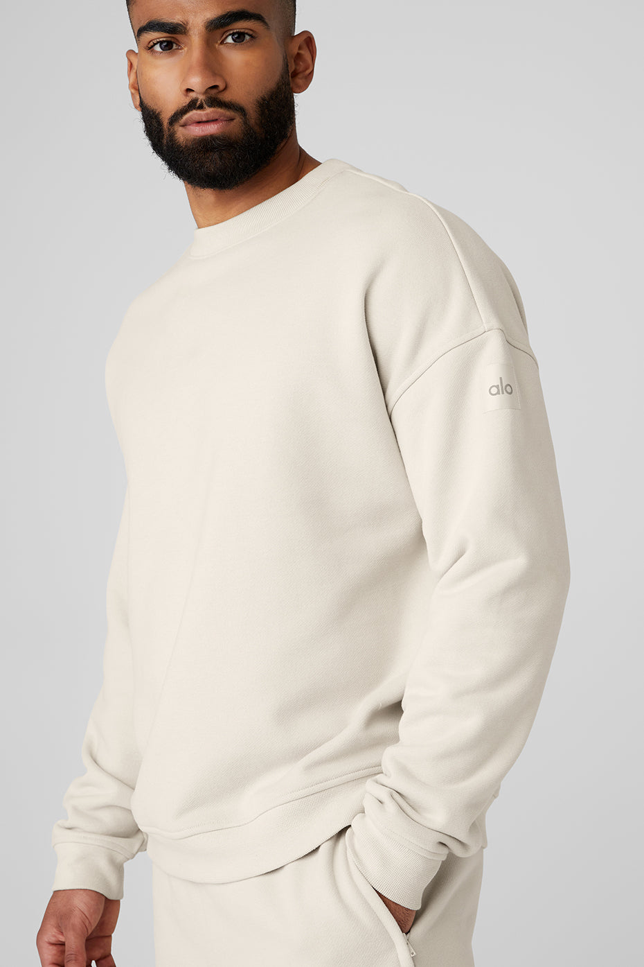 Front view of Accolade heavyweight crew neck pullover in bone color.