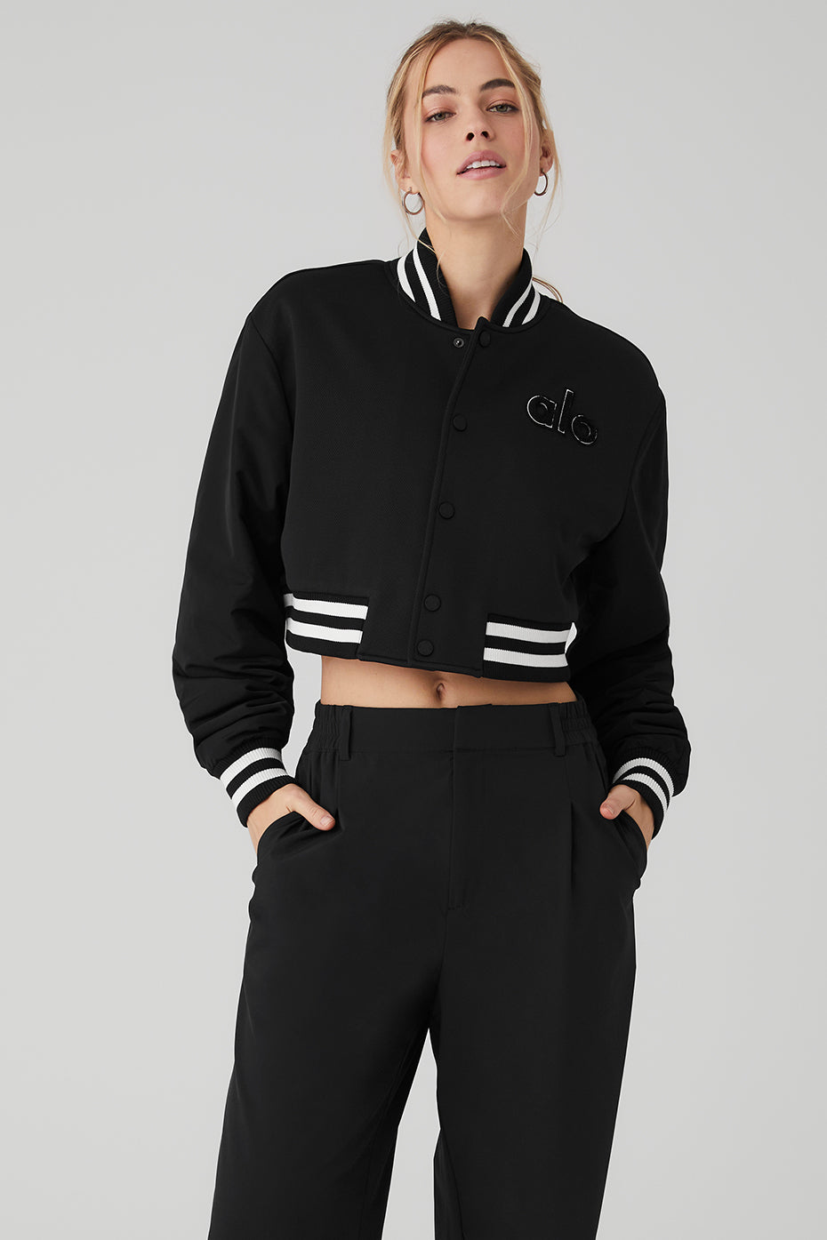 Front view of the G.O.A.T. cropped leather jacket showcasing its stylish design.