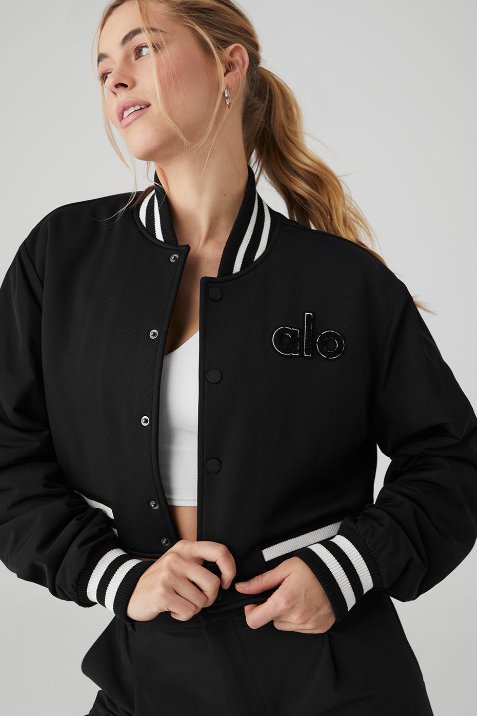 Front view of the G.O.A.T. cropped leather jacket showcasing its stylish design.