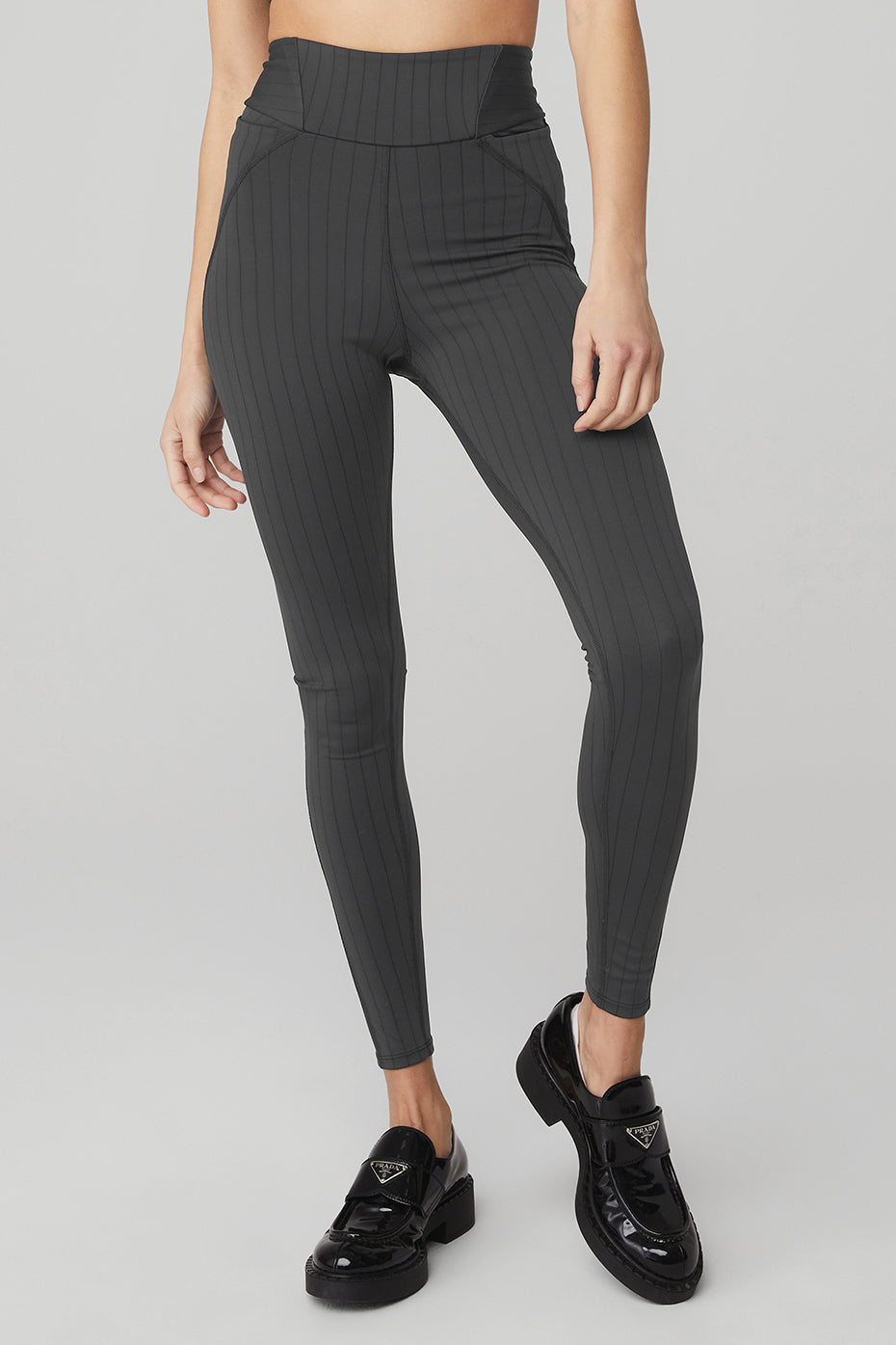 Close-up of pinstripe jacquard high-waisted fitness leggings from the side