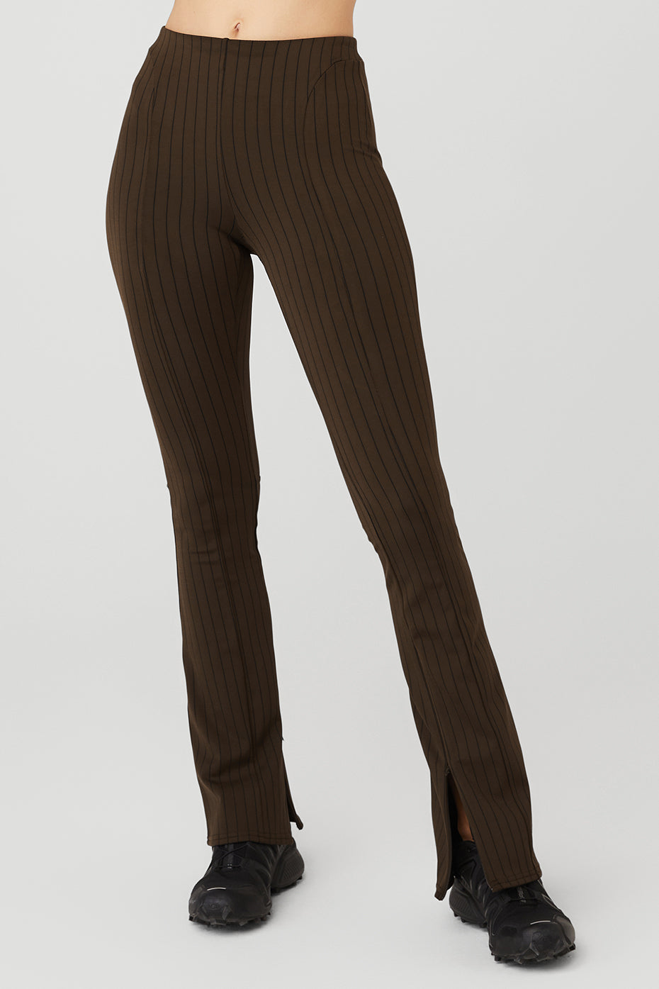 High-waist pinstripe flare leggings styled with a blazer for a professional look