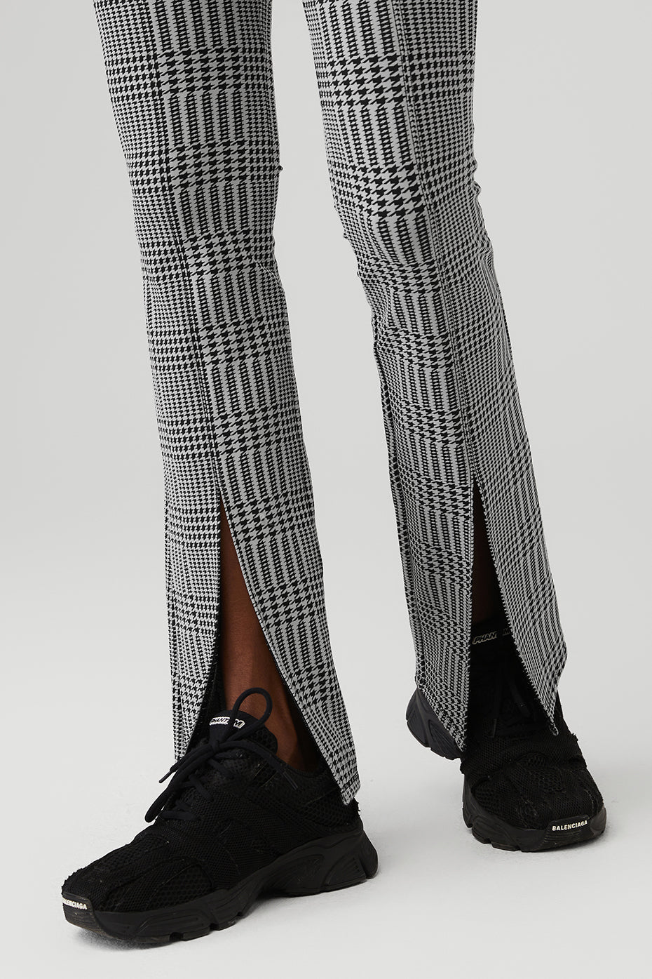 Front view of high-waisted glenplaid flare leggings, showcasing the stylish design.
