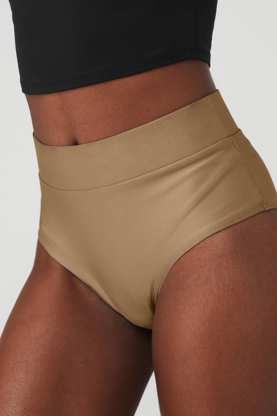 Front view of high-waisted boyshorts in gravel color, showcasing their sculpting fit