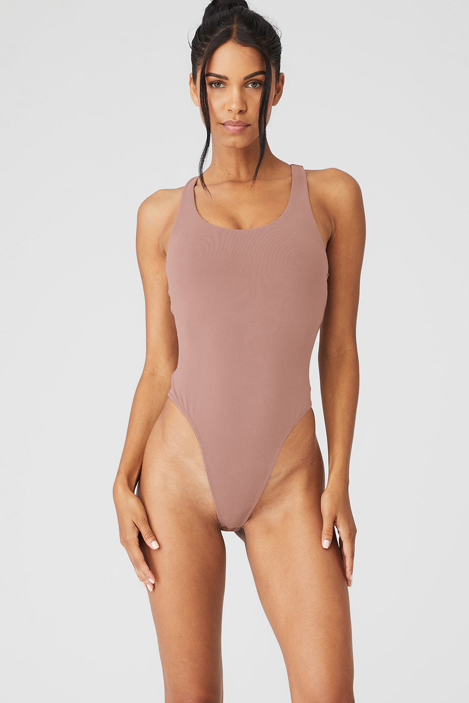 Front view of the Sculpting Airbrush Bodysuit in Smoky Quartz.