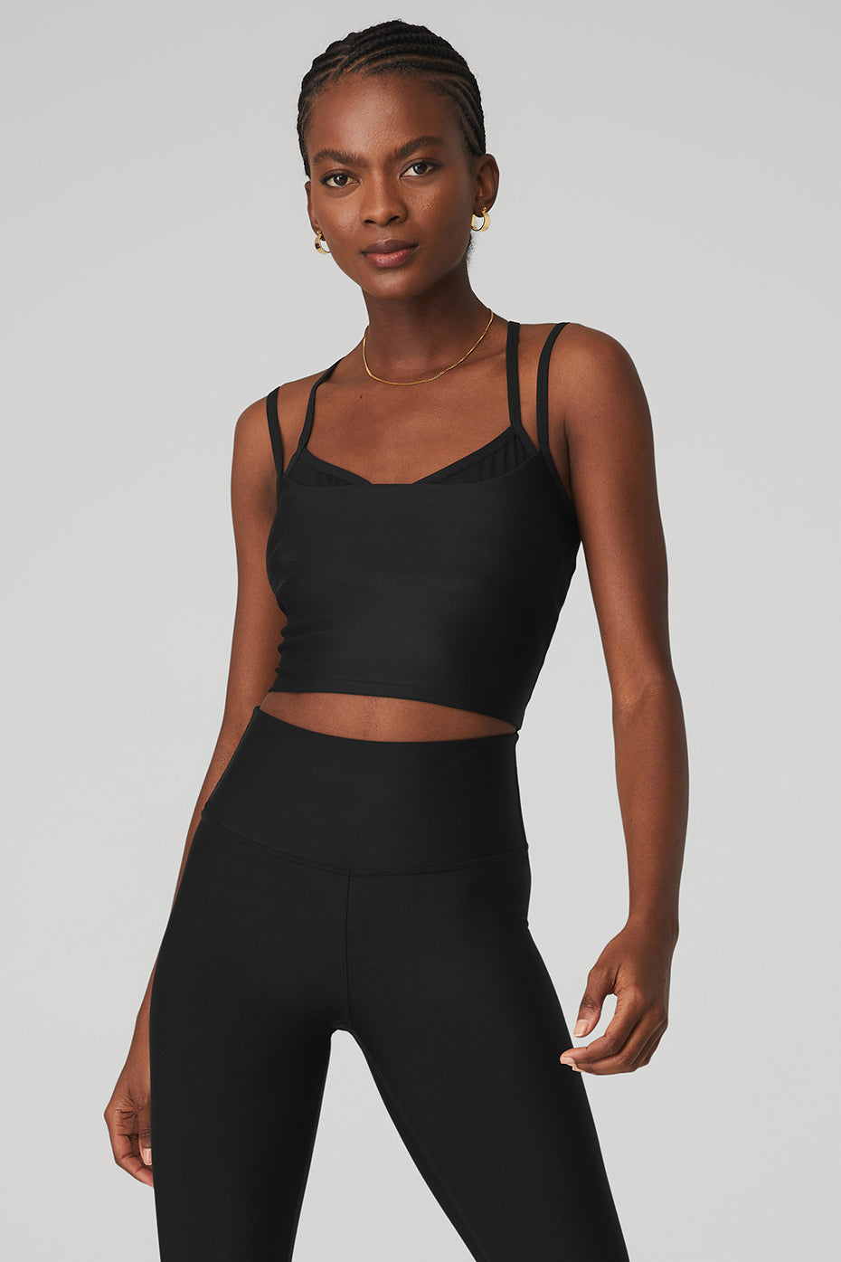 Front view of the Airlift Double Check Bra Tank in black, showcasing its racerback design.