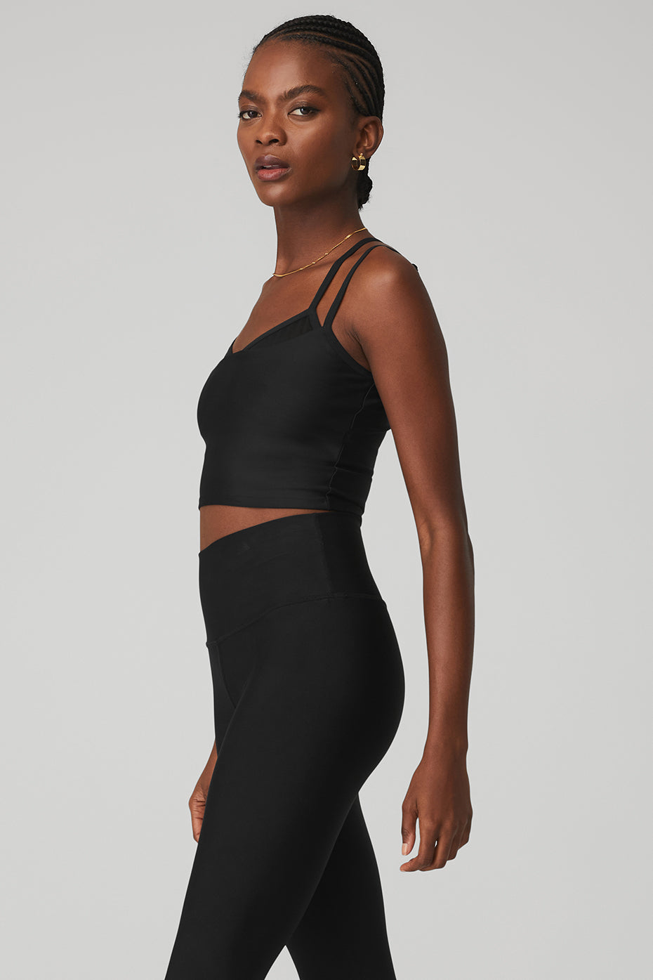 Back view of the Airlift Double Check Bra Tank, emphasizing the built-in bra and cropped length.