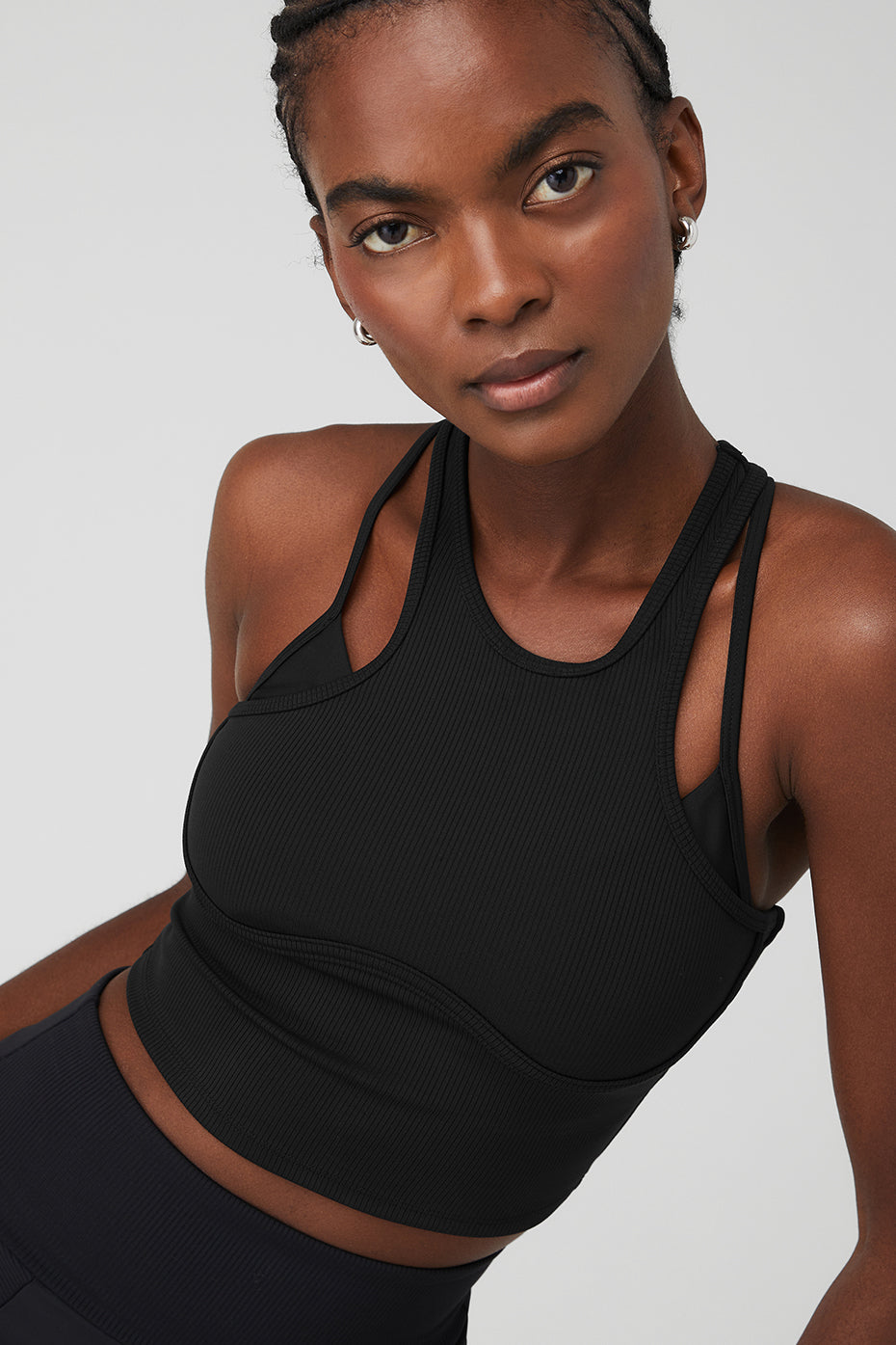 Front view of Airlift Ribbed Bra Tank Top in Enchanted Black, showcasing its stylish design.