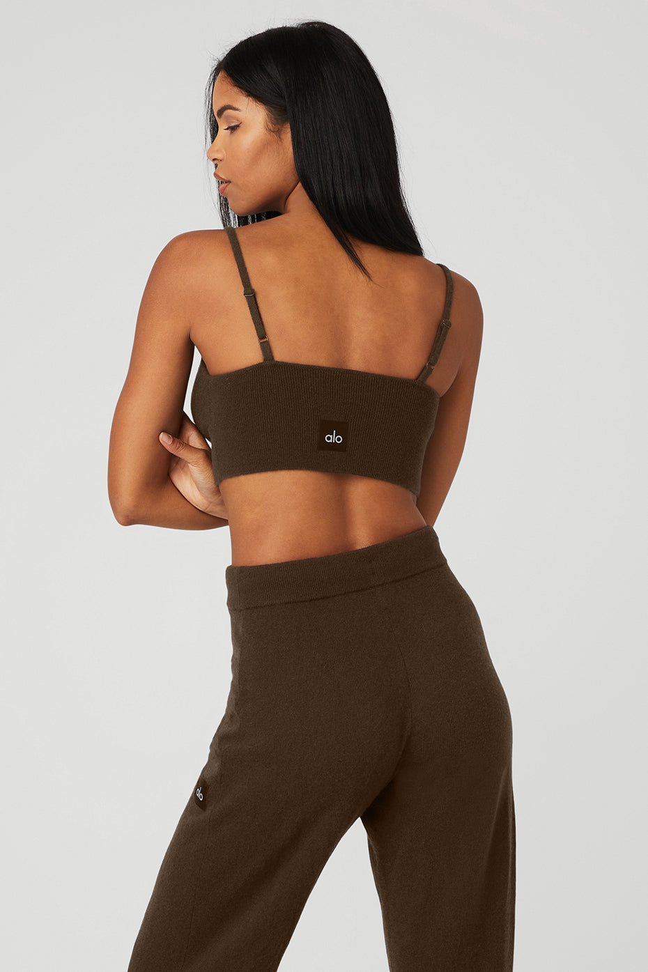 Model wearing the Espresso Cashmere Comfort Bra paired with matching cashmere lounge pants.